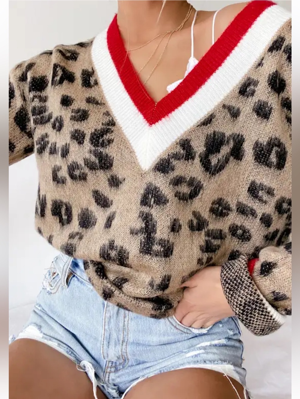 Style Instinct Leopard Print Color Block V-Neck Sweater